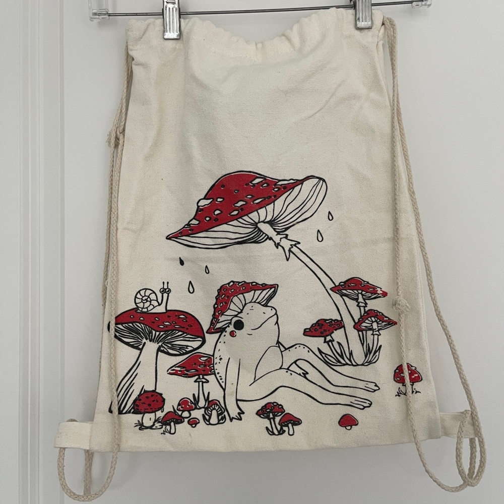 Cream Drawstring Bag with Red Mushroom Design